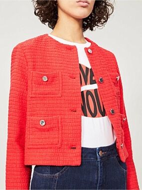 Maje Violi Tweed Bouclé Cropped Jacket Red silver buttons size 38 ( US M )